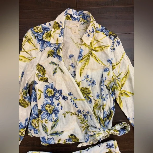 Joie 100% linen resortwear vacation Floral Blouse pant set wide leg cropped - Picture 7 of 10